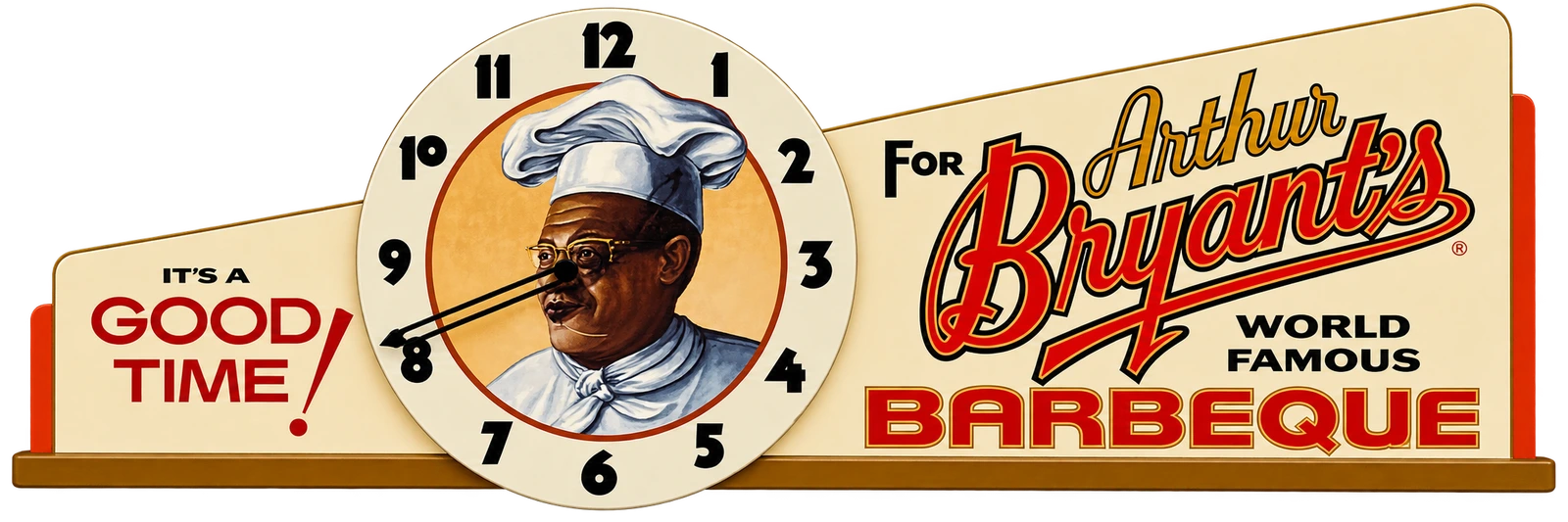 Arthur Bryant’s vintage clock with his portrait and the words It’s a Good Time for Arthur Bryant’s World Famous Barbeque