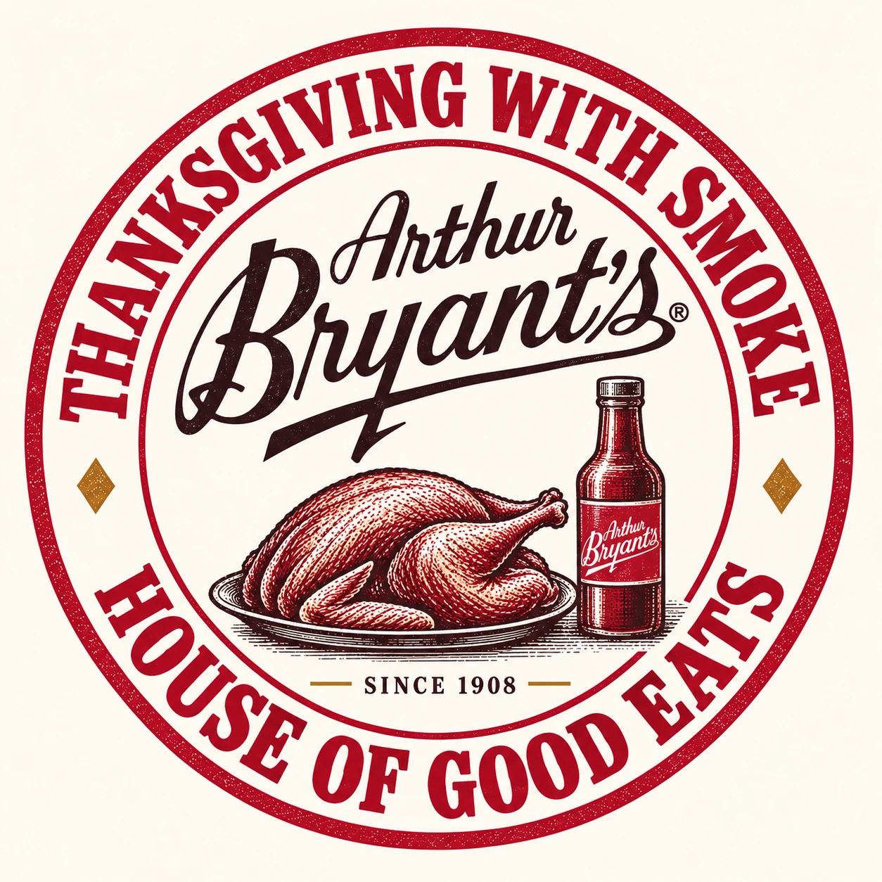 Arthur Bryant’s Thanksgiving With Smoke seal, featuring a turkey, sauce bottle, House of Good Eats, and Since 1908